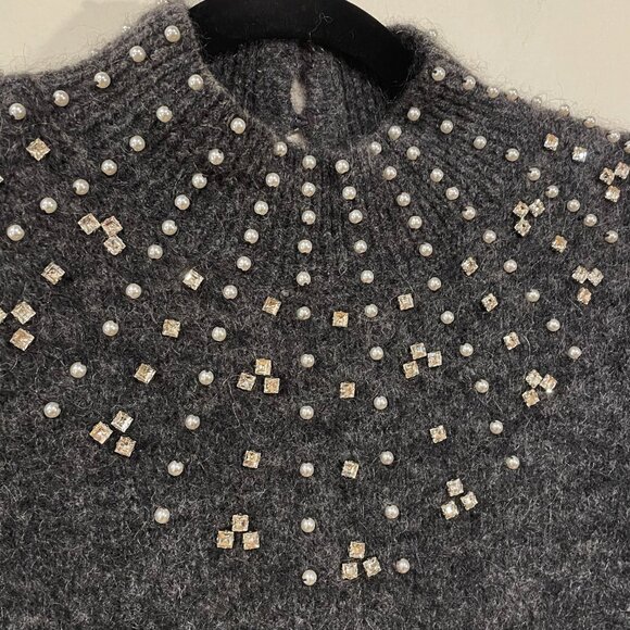EUC Sezane Regina Rhinestone Pearl Mohair Wool Sweater Charcoal XXS - Picture 5 of 9